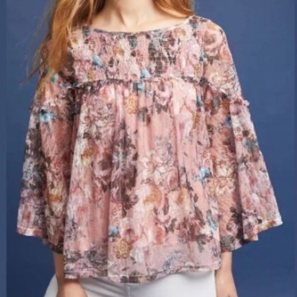 Anthropologie Patrizia Pink Floral Bell Sleeve Top